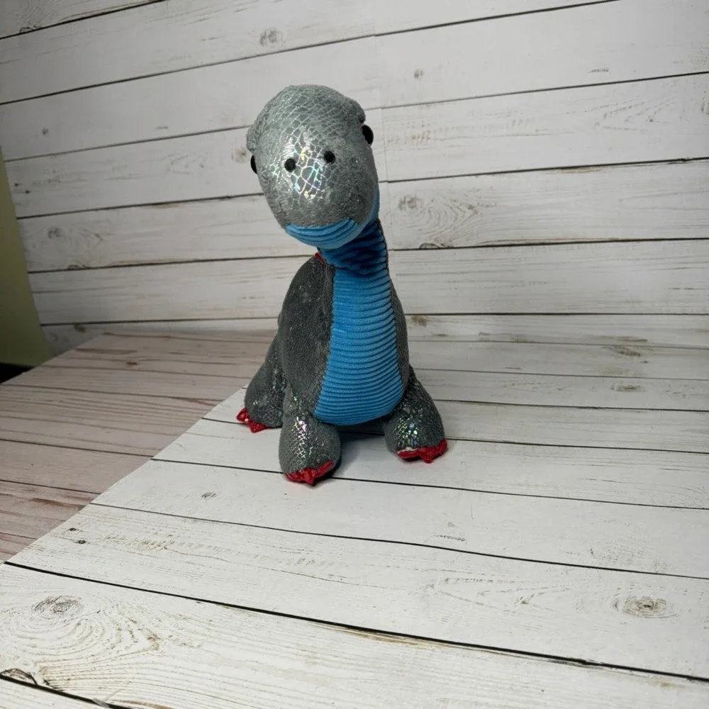 Metallic Sparkly Brontosaurus Dinosaur Plush Toy With Blue Belly & Red Spikes